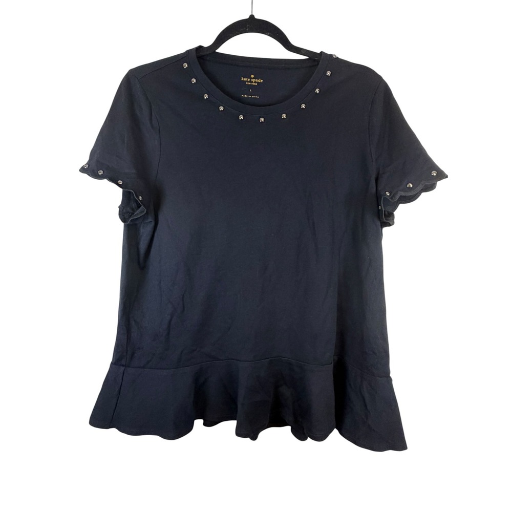 Kate Spade New York Black Studded Scallop Peplum Top Womens Large